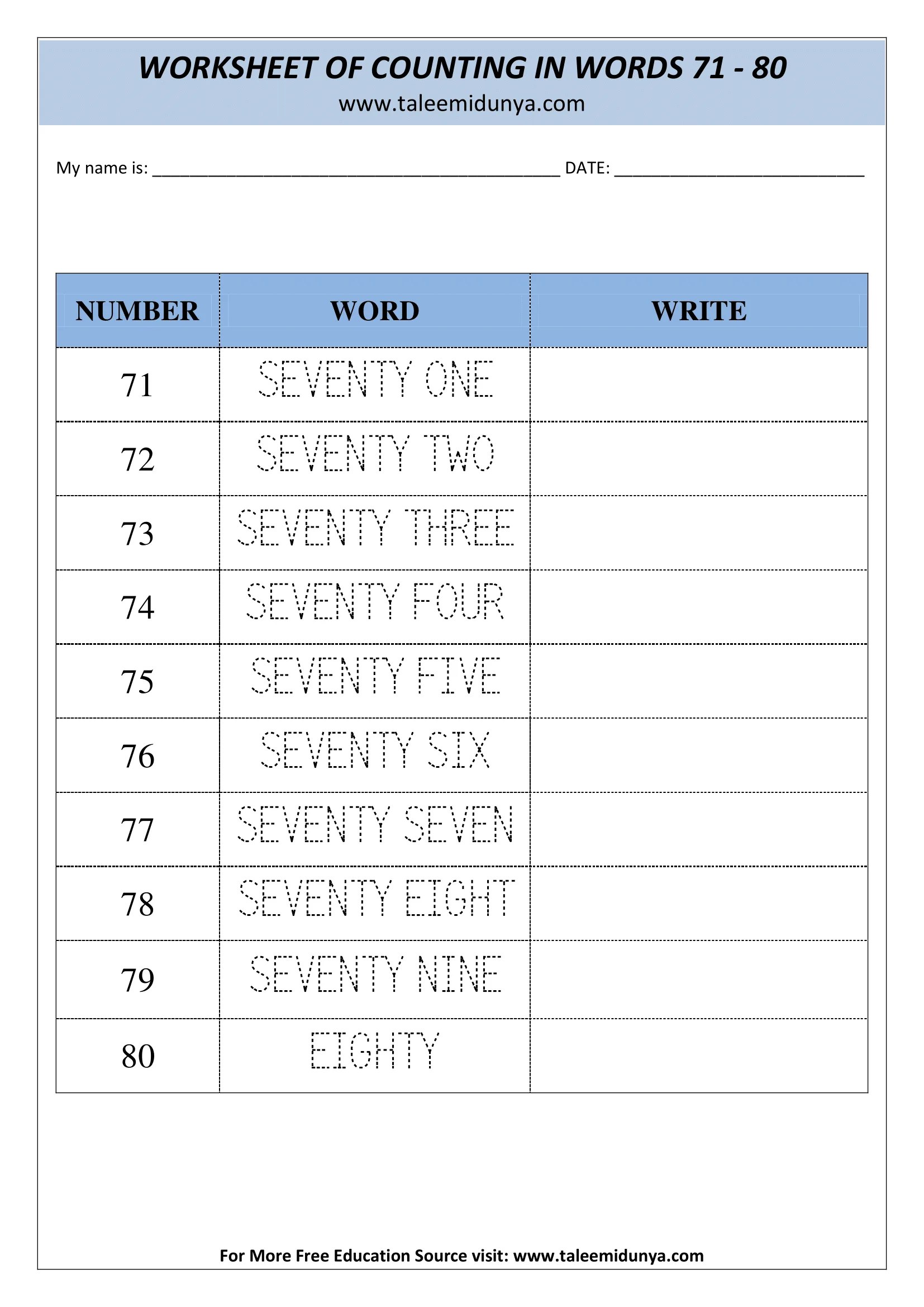 COUNTING IN WORDS 71-80